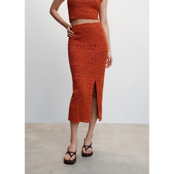 Fall Orange Color Crocheted Cottagecore Boho 100% Cotton Outer Midi Skirt - Picture 1 of 8
